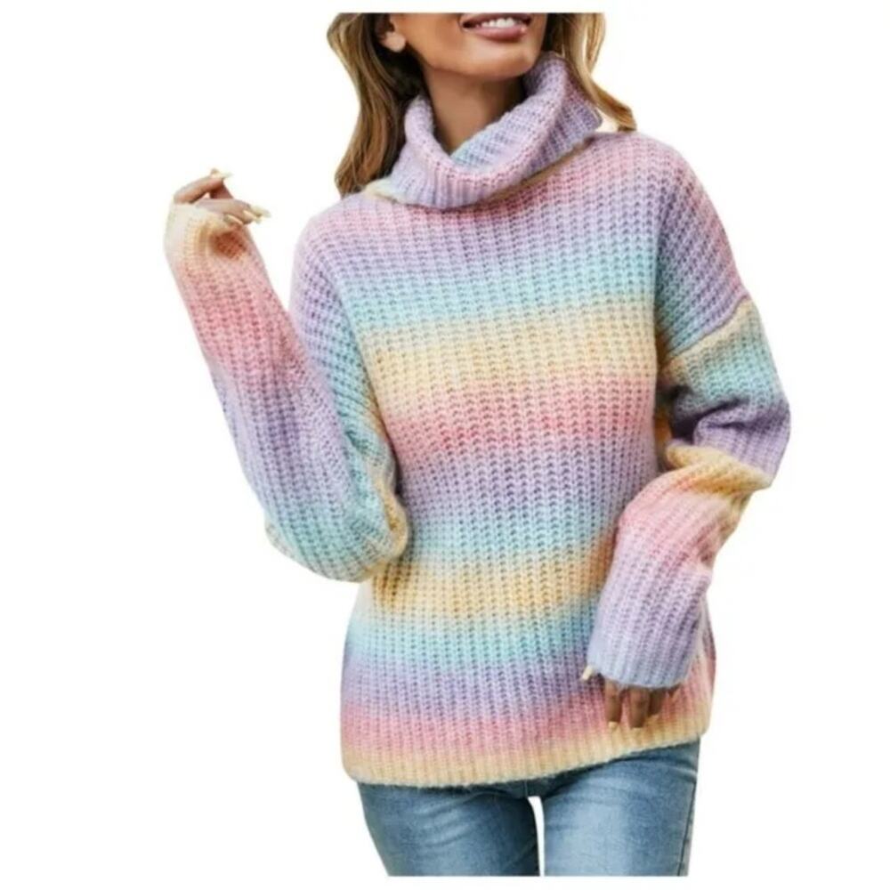 Adyson Parker Turtleneck Pastel Rainbow Striped Knit Sweater Medium